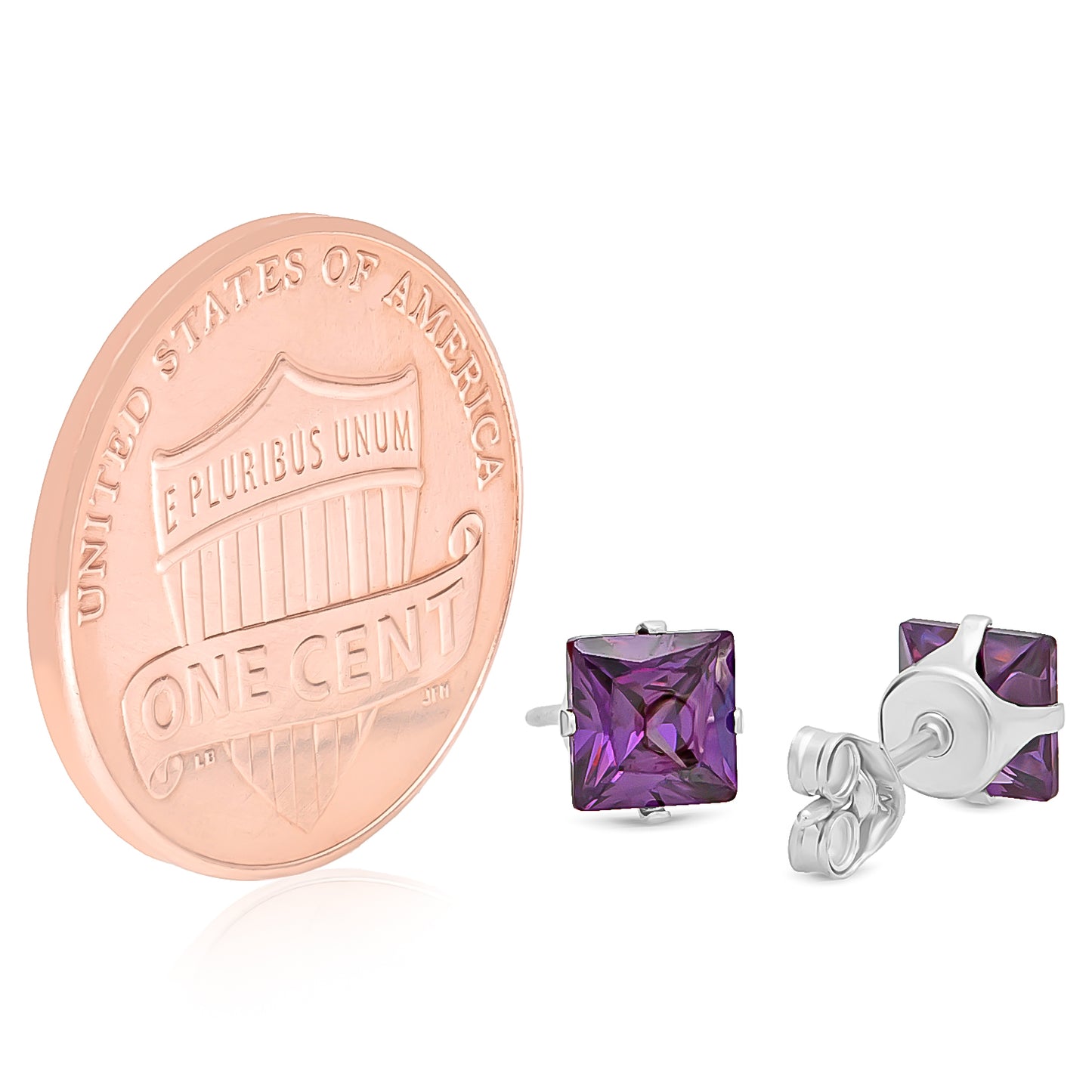 Square Cut Simulated Purple Amethyst CZ Sterling Silver Italian Crafted Stud Earrings + Polishing Cloth