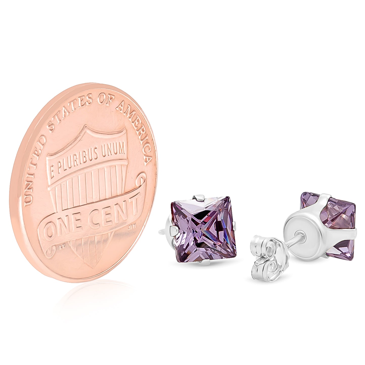 Square Cut Simulated Purple Amethyst CZ Sterling Silver Italian Crafted Stud Earrings + Polishing Cloth