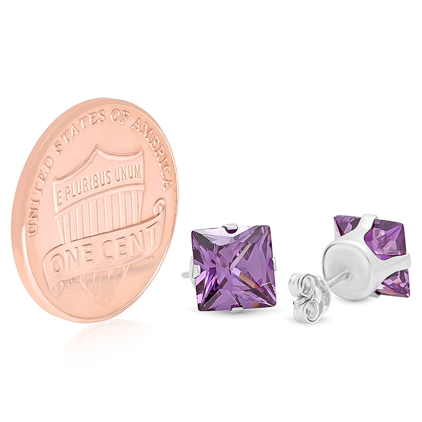 Square Cut Simulated Purple Amethyst CZ Sterling Silver Italian Crafted Stud Earrings + Polishing Cloth