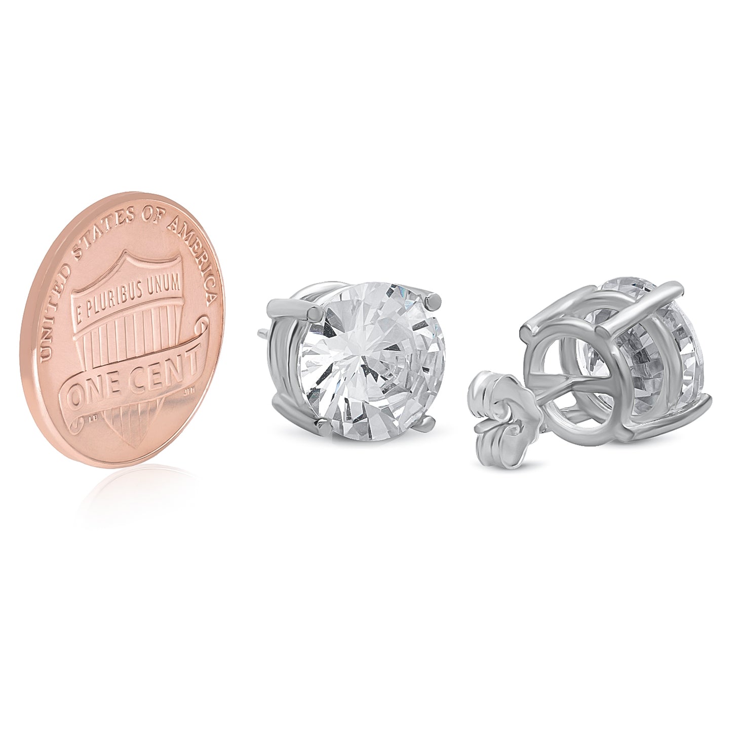 Rhodium Plated Silver Simulated Diamond CZ Round Brilliant Cut Birthstone Stud Earrings + Gift Box