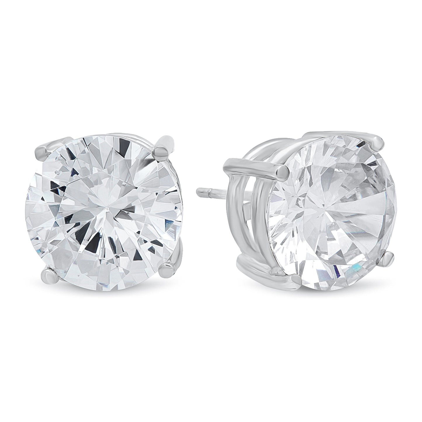 Rhodium Plated Silver Simulated Diamond CZ Round Brilliant Cut Birthstone Stud Earrings + Gift Box