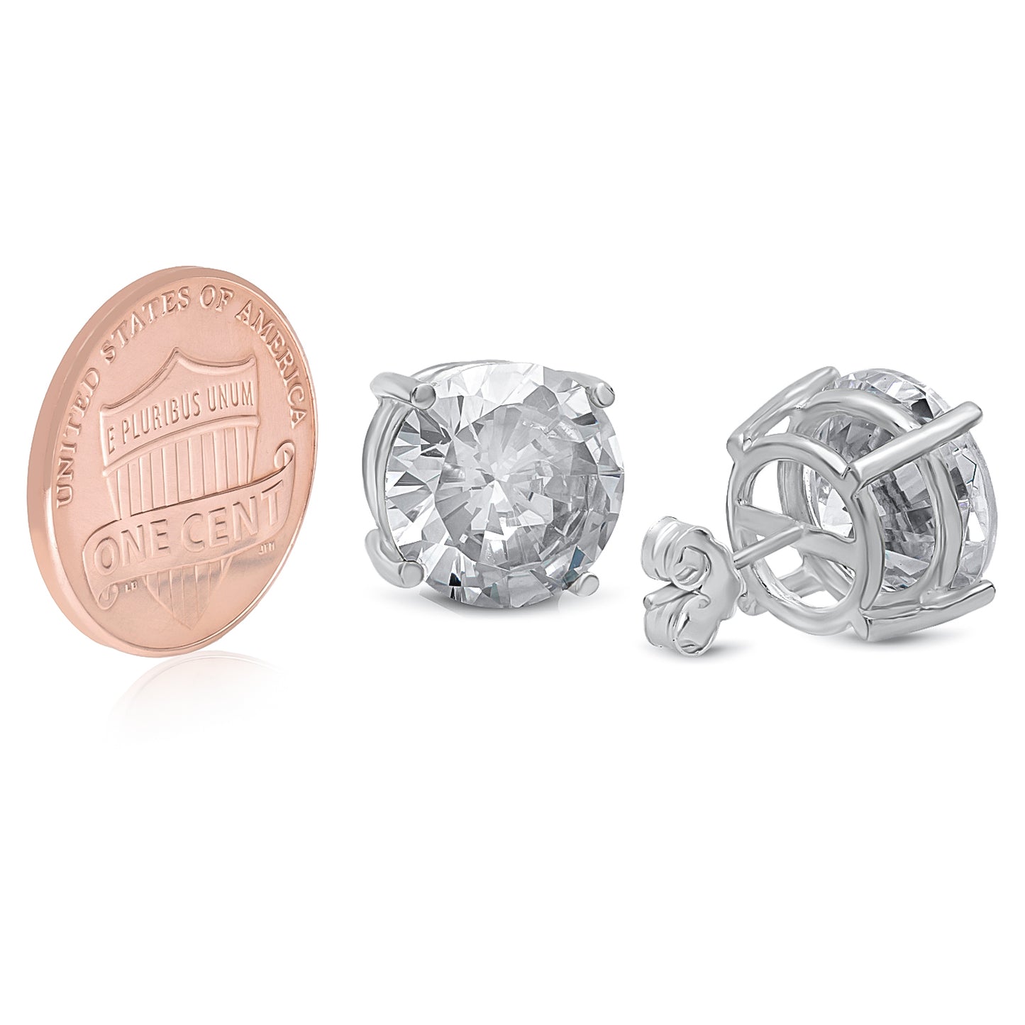 Rhodium Plated Silver Simulated Diamond CZ Round Brilliant Cut Birthstone Stud Earrings + Gift Box