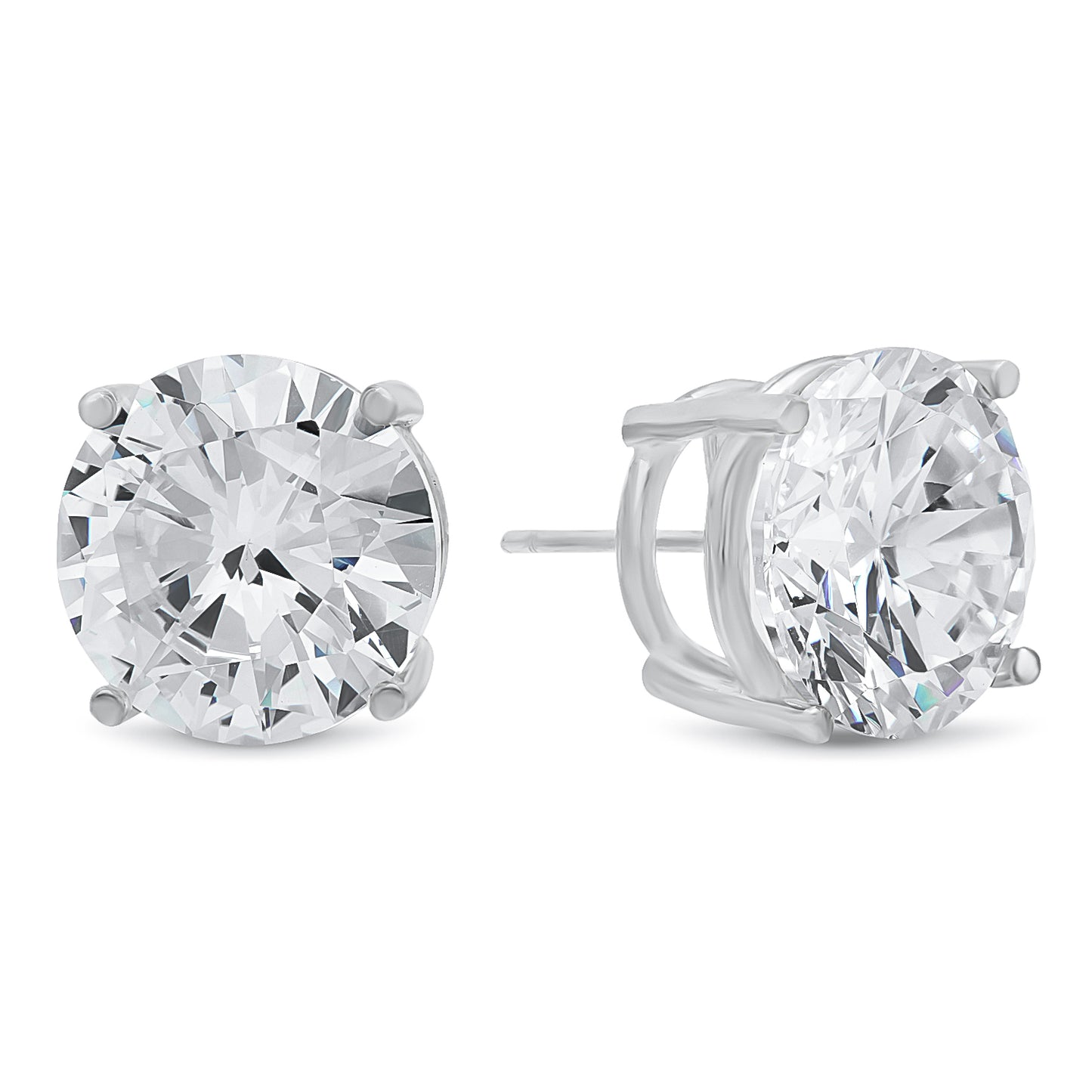 Rhodium Plated Silver Simulated Diamond CZ Round Brilliant Cut Birthstone Stud Earrings + Gift Box