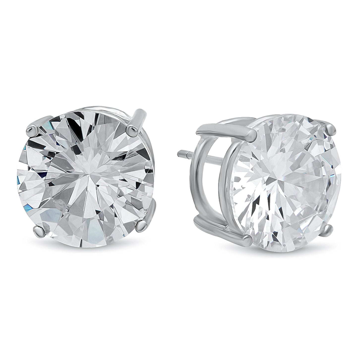 Rhodium Plated Silver Simulated Diamond CZ Round Brilliant Cut Birthstone Stud Earrings + Gift Box