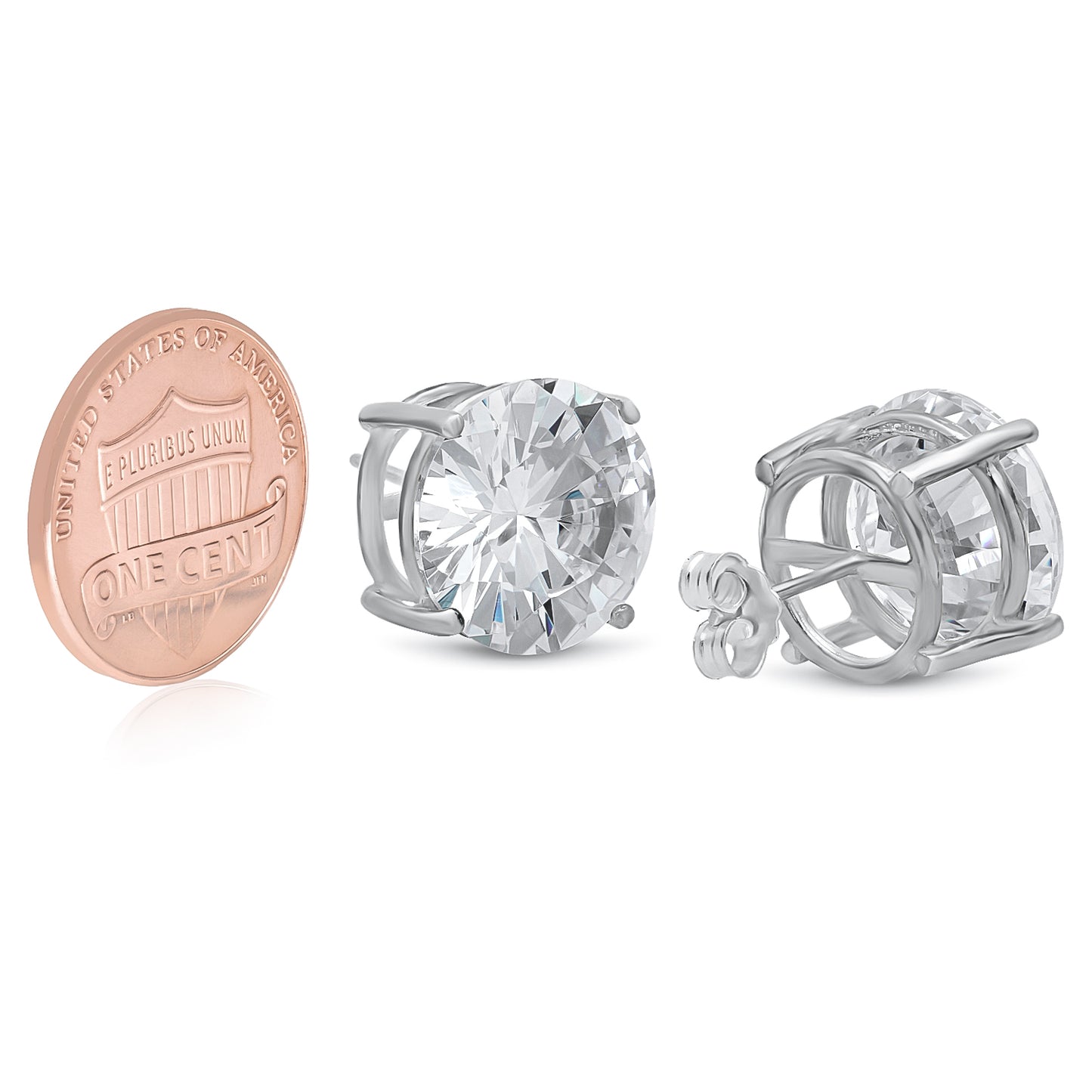 Rhodium Plated Silver Simulated Diamond CZ Round Brilliant Cut Birthstone Stud Earrings + Gift Box