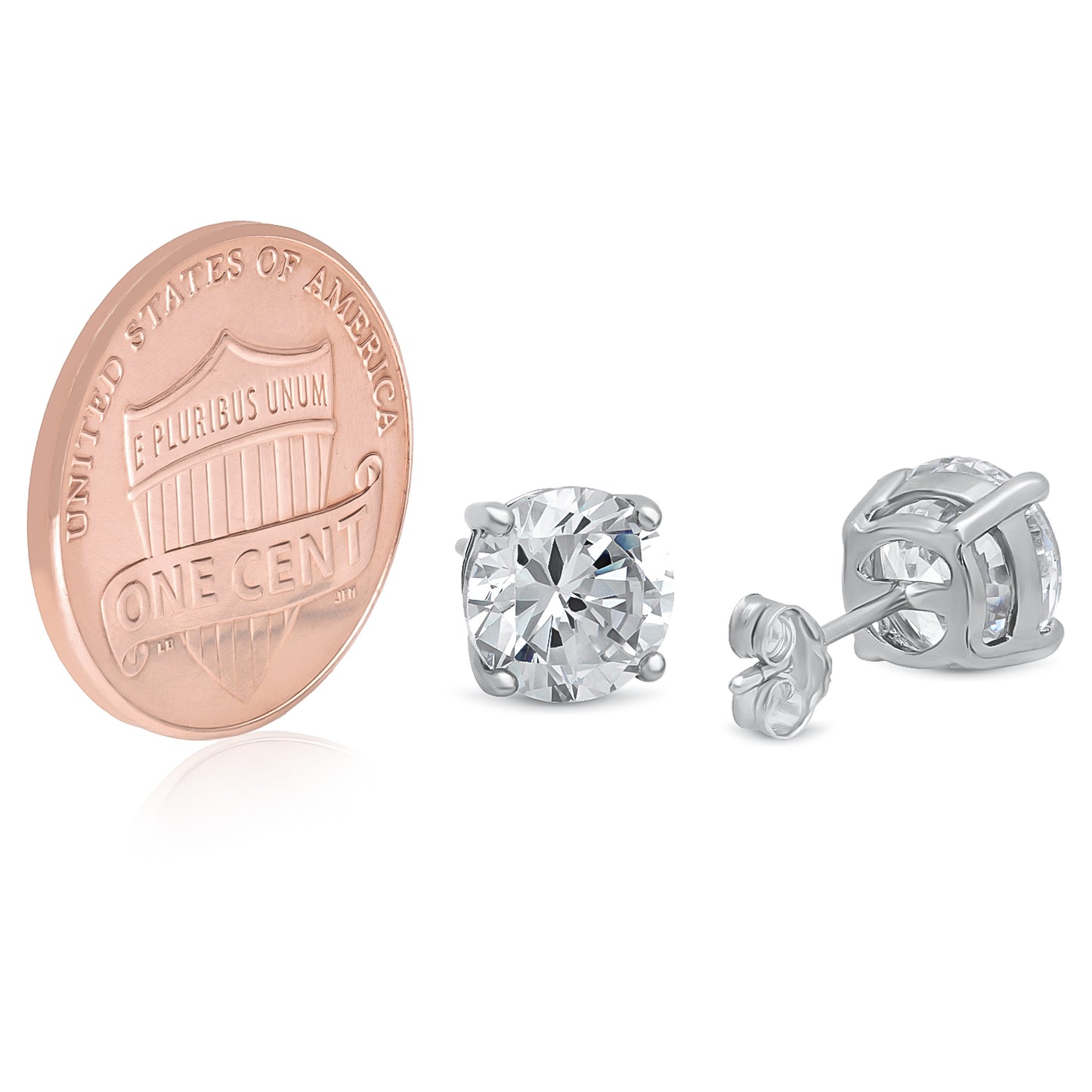 Rhodium Plated Silver Simulated Diamond CZ Round Brilliant Cut Birthstone Stud Earrings + Gift Box