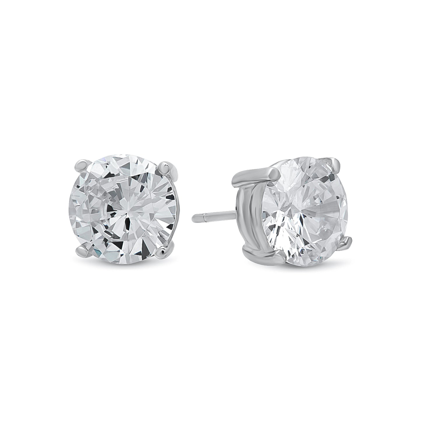 Rhodium Plated Silver Simulated Diamond CZ Round Brilliant Cut Birthstone Stud Earrings + Gift Box