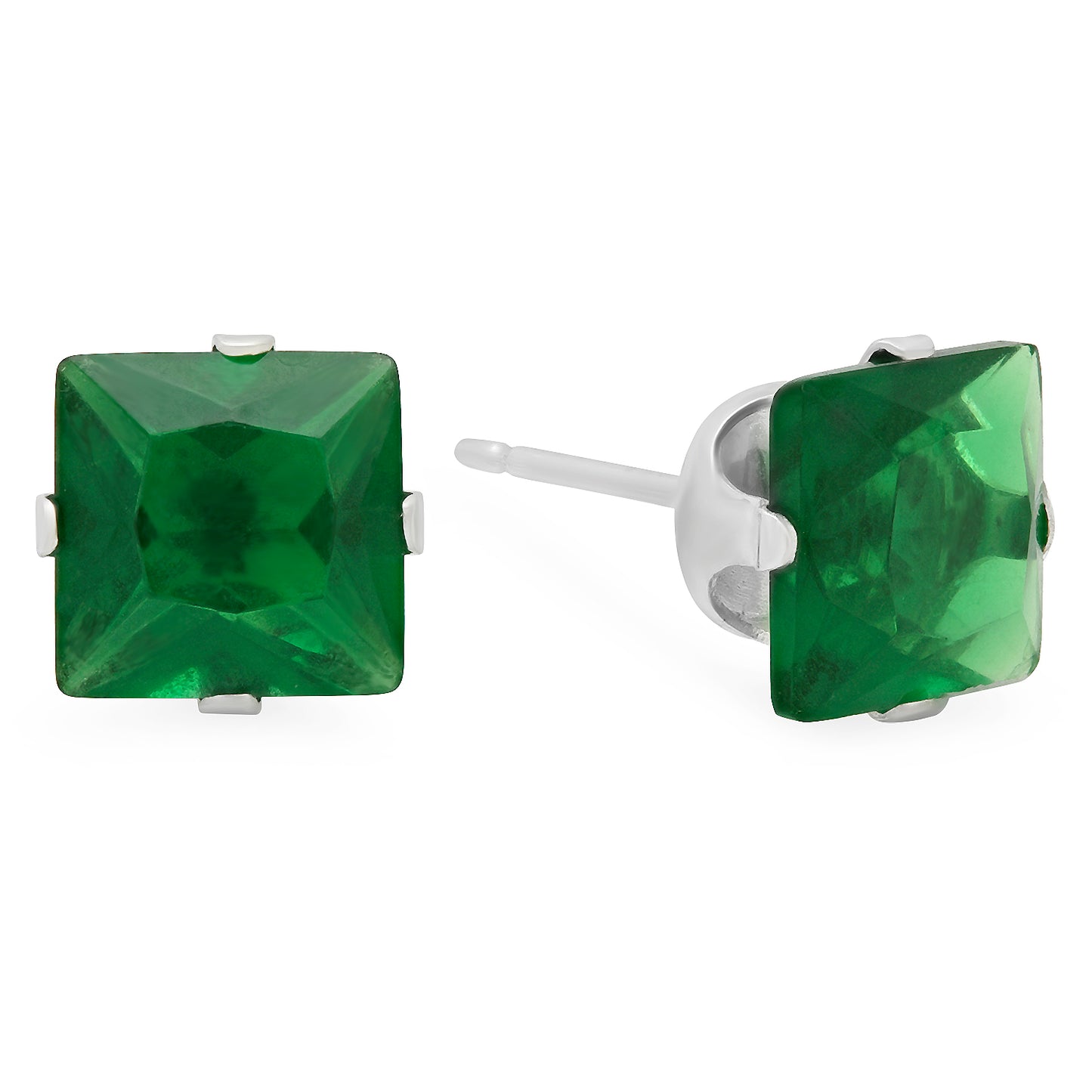 .925 Sterling Silver Nickel-Free Simulated Diamond Princess-Cut Birthstone Stud Earrings