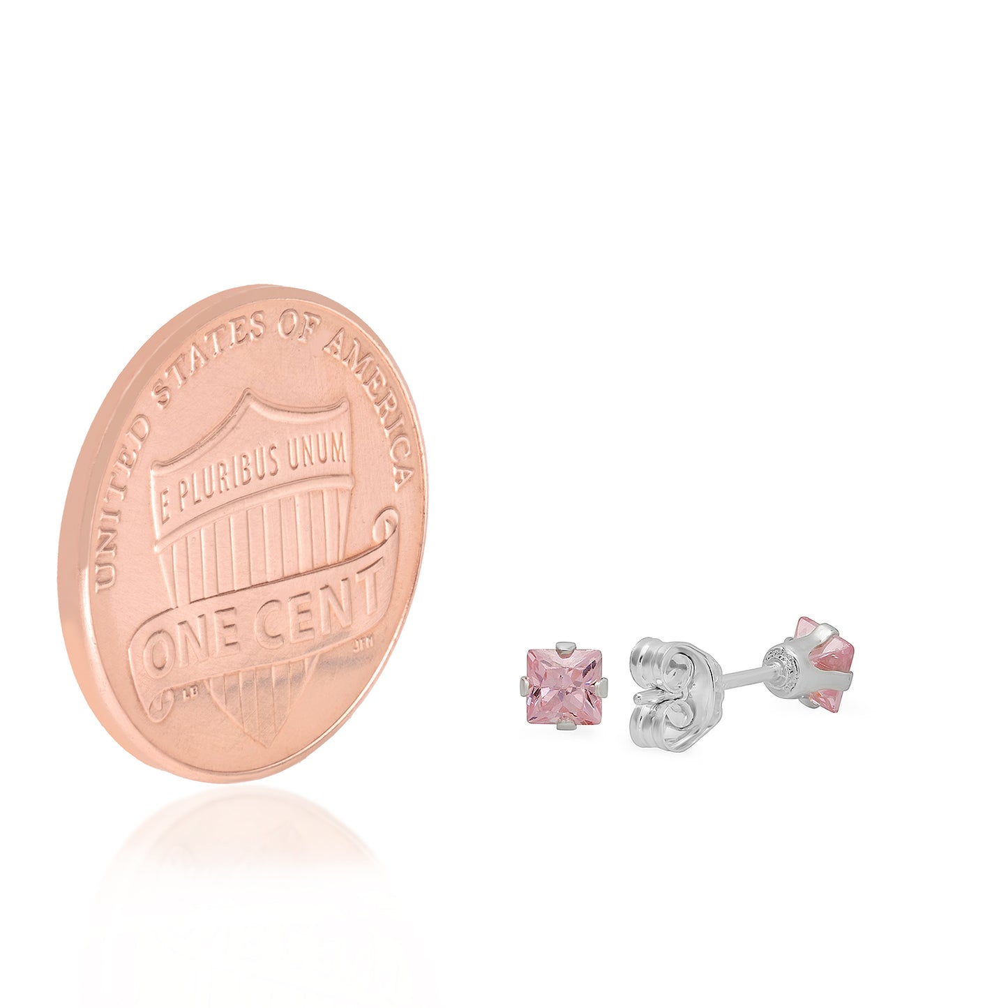 Square Cut Simulated Pink Tourmaline CZ Sterling Silver Italian Crafted Stud Earrings + Polishing Cloth