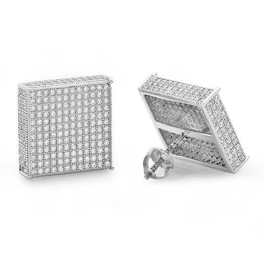 Large 15mm Rhodium Plated Sterling Silver Micropave CZ Square Earrings