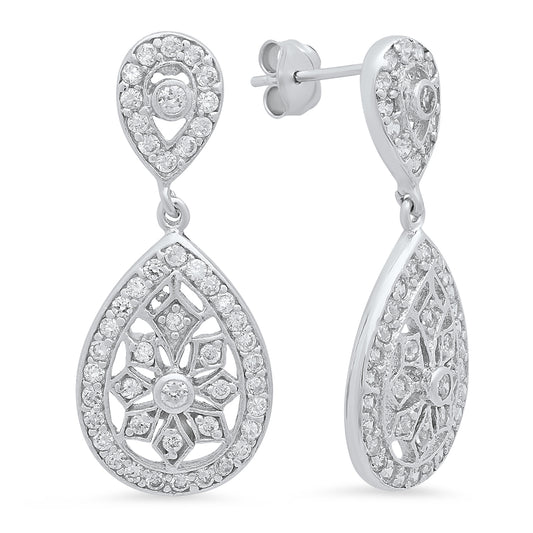 Sterling Silver 32mm x 13.5mm Intricate CZ Lined Teardrop Earrings Made in Italy