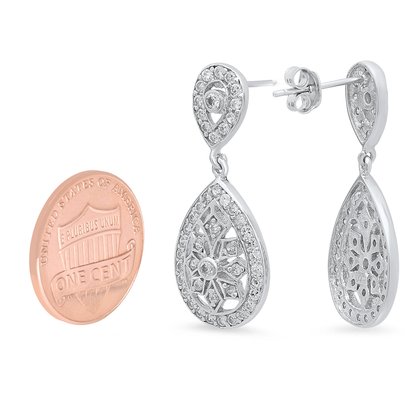 Sterling Silver 32mm x 13.5mm Intricate CZ Lined Teardrop Earrings Made in Italy