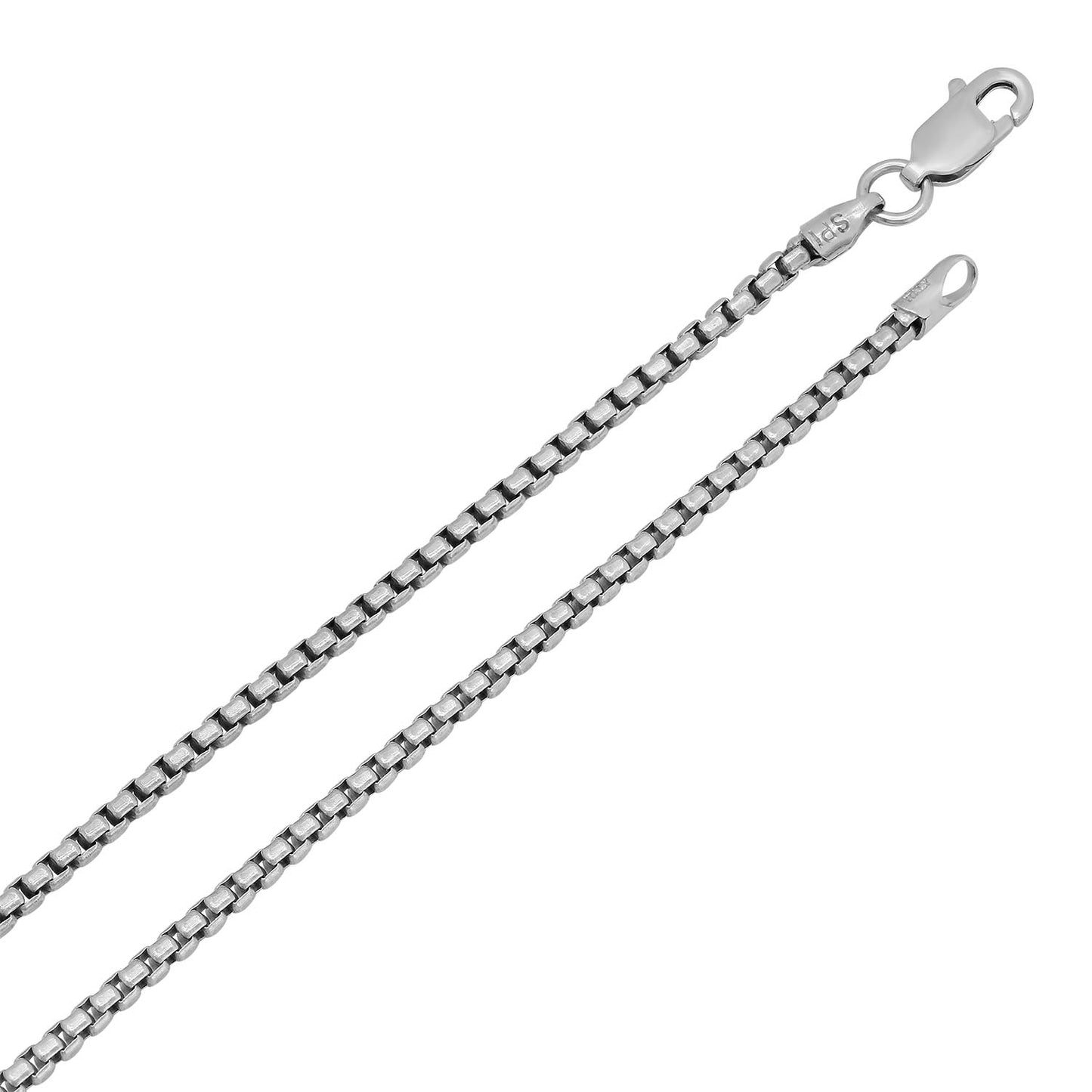 2mm Polished Rhodium Plated Silver Round Box Chain Necklace + Gift Box