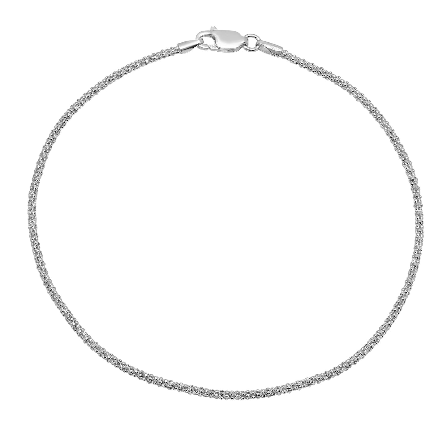 1.8mm Solid .925 Sterling Silver Round Popcorn Chain Anklet 9-10" Made in Italy