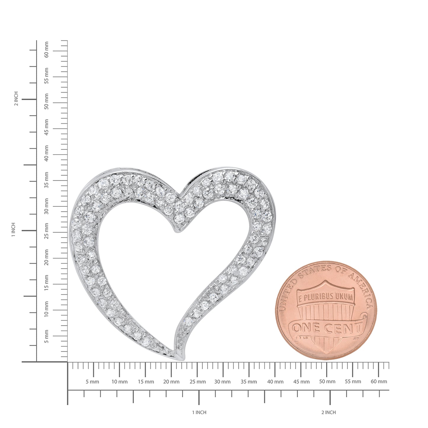 Women's .925 Sterling Silver Nickel Free CZ Open Heart Pendant, 38mm x 38mm (1 ½' x 1 ½')