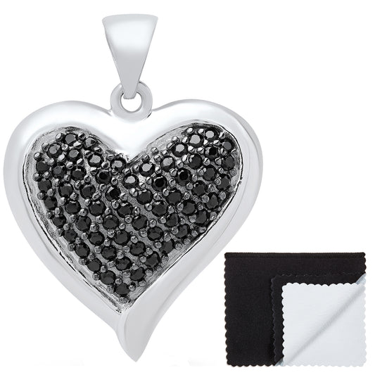 Women's .925 Sterling Silver Silver CZ Illusion Cord Heart Pendant, Women's Black Silver Pendant