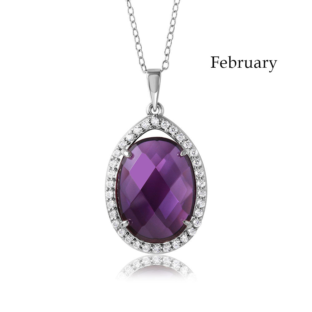 15.9 Rhodium Plated Silver Amethyst Purple CZ Pendant + Cable Chain Necklace, 18 inches