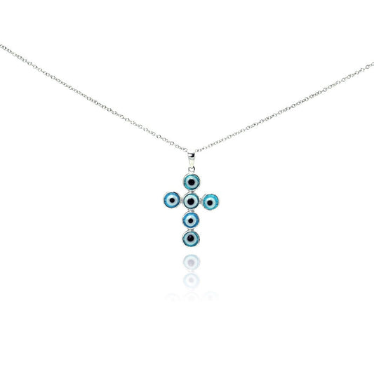 22.8 Rhodium Plated Silver Blue Cubic Zirconia Cross Pendant + Cable Chain Necklace, 16 inches