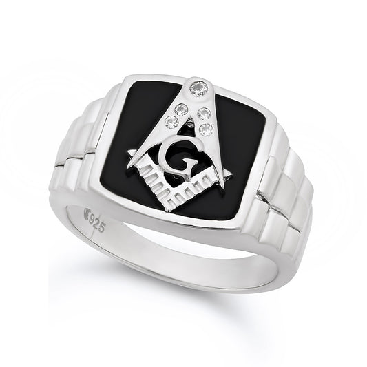 Large 22mm Two-Tone Sterling Silver & Black Freemason Logo CZ Ring Made in Italy