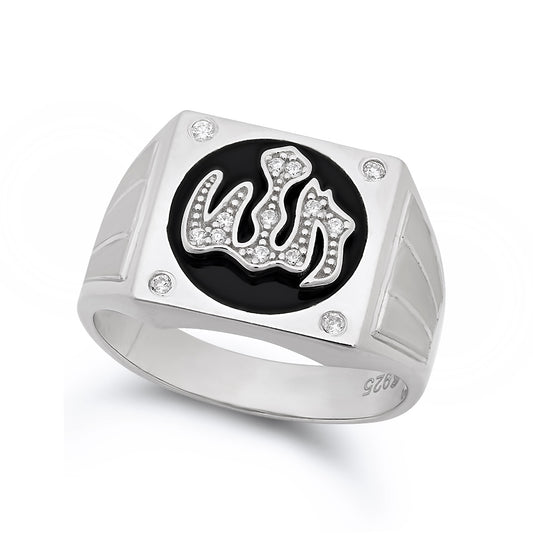 Men’s .925 Sterling Silver Cubic Zirconia Square Allah Ring w/ Black Enamel, Size 8-13 + Polishing Cloth