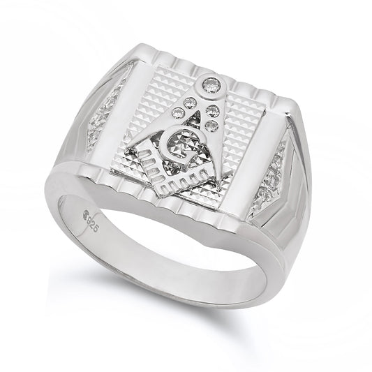 Men's 16mm Solid .925 Sterling Silver White Cubic Zirconia Masonic Ring + Gift Box