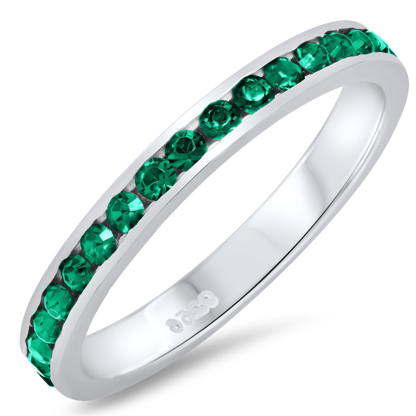 Sterling Silver Italian Crafted 3mm Simulated Emerald Green CZ Eternity Band