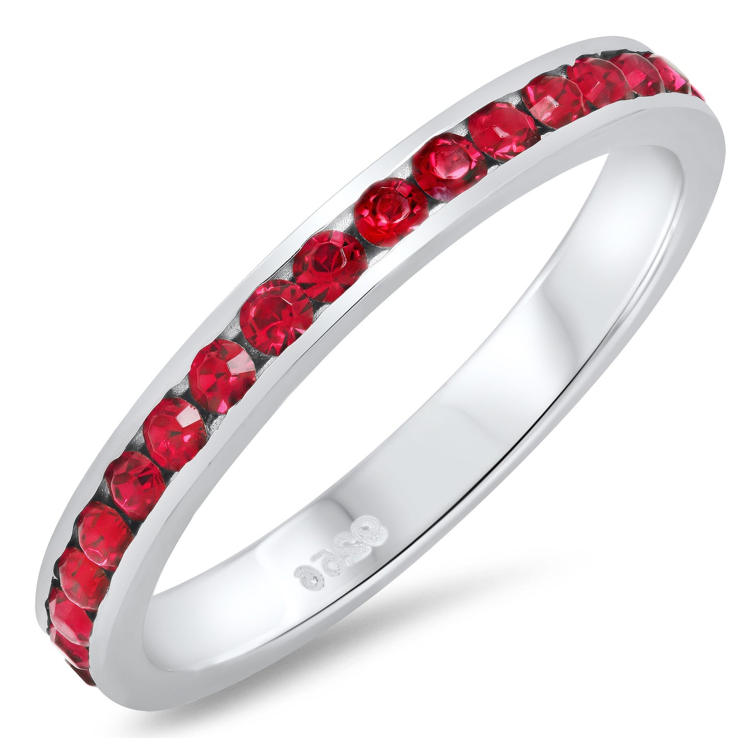 .925 Sterling Silver 3mm Simulated Ruby Red Stackable CZ Eternity Band + Cleaning Cloth