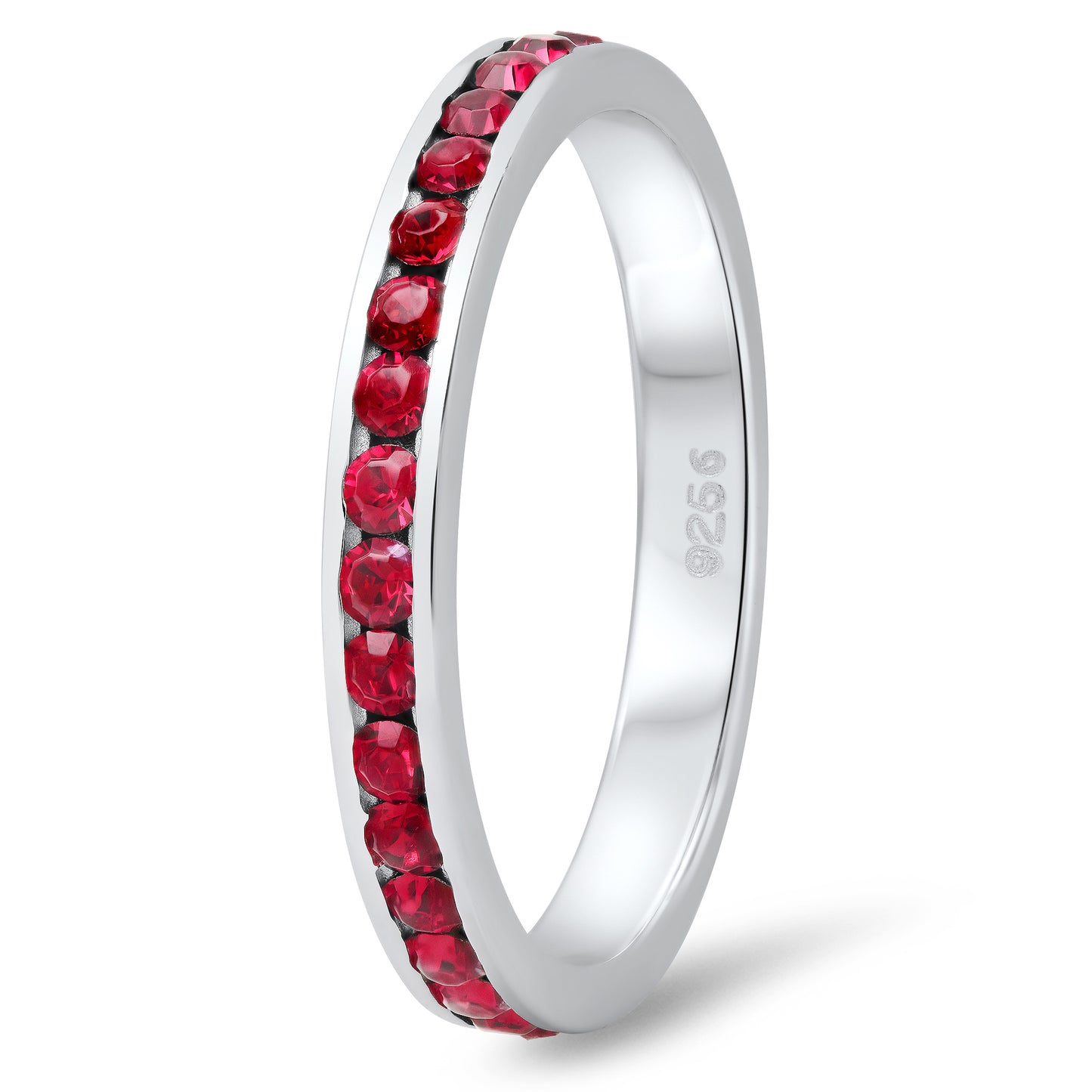 .925 Sterling Silver 3mm Simulated Ruby Red Stackable CZ Eternity Band + Cleaning Cloth