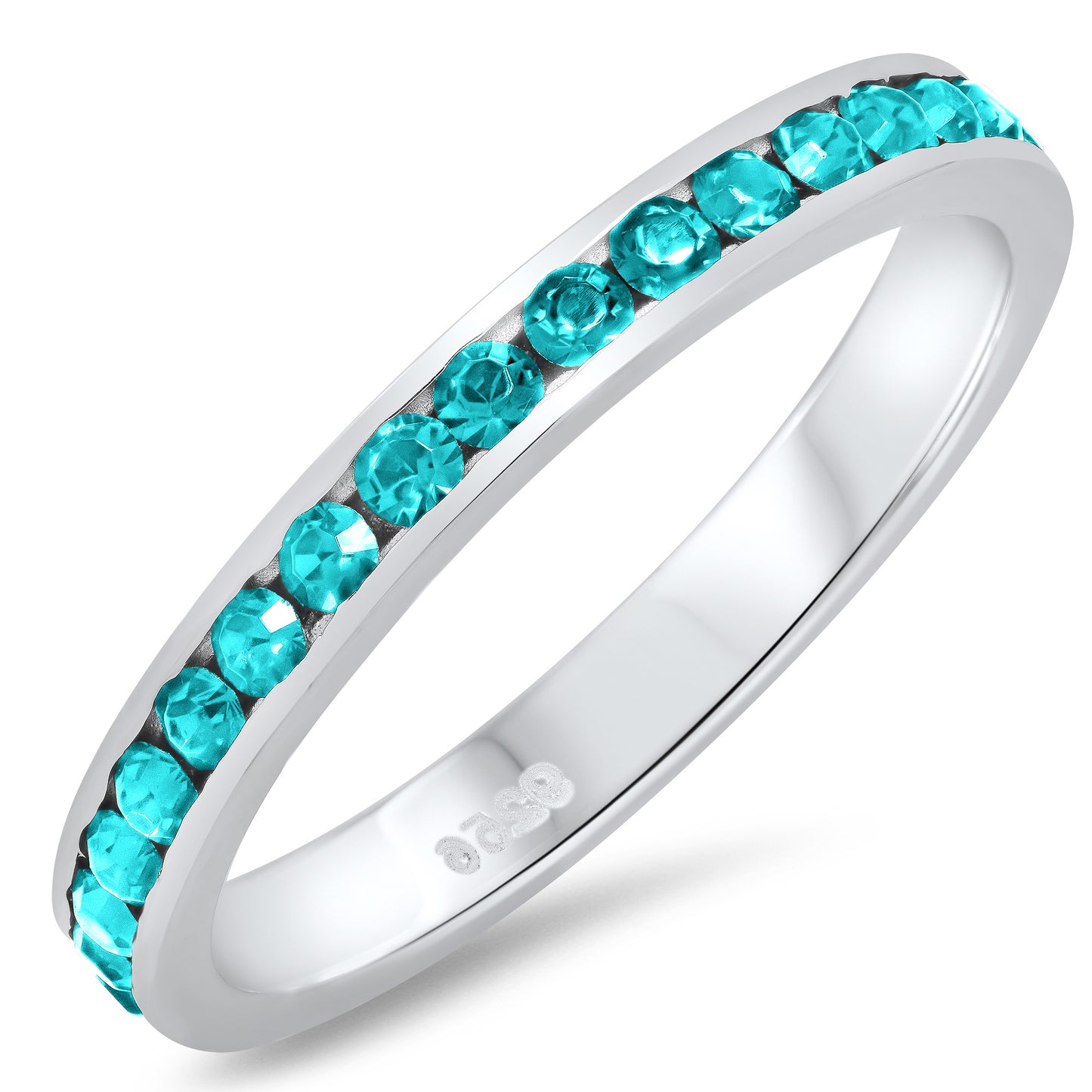 925 Sterling Silver Italian Crafted 3mm Simulated Blue Topaz CZ Eternity Band