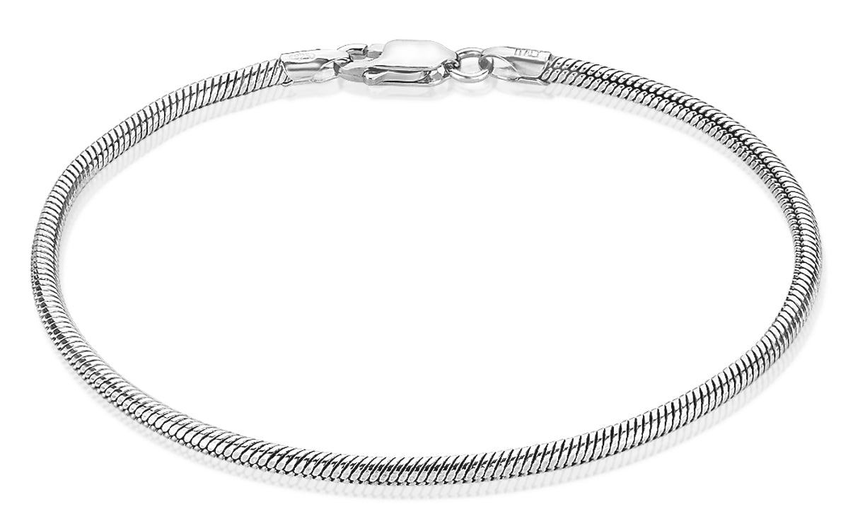 2.4mm Rhodium Plated Silver Round Snake Chain Bracelet