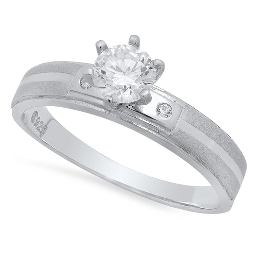 Round CZ Solitaire 4mm Sandblasted Sterling Silver Engagement Ring Made in Italy