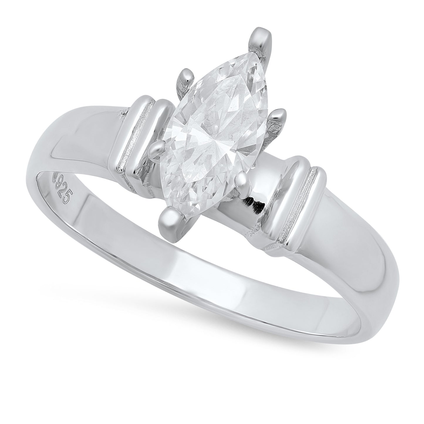 Marquise Cut CZ Solitaire 4.4mm Pure Sterling Silver Italian Crafted Engagement Ring + Polishing Cloth (SKU: SS-RN1027)