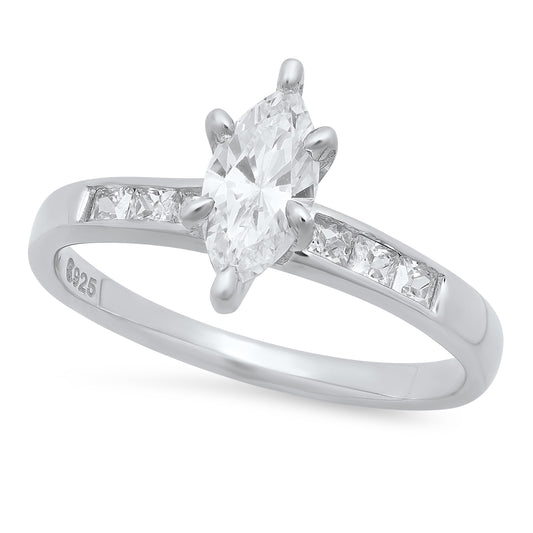 Marquise-Cut CZ Solitaire 2.9mm Sterling Silver Italian Crafted Square CZ Wedding Ring + Polishing Cloth