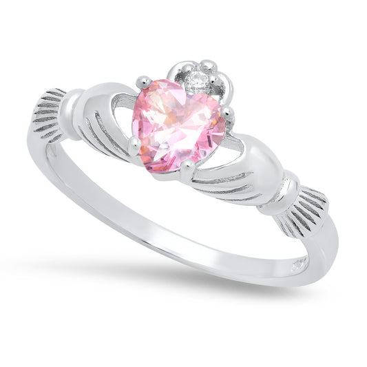 Sterling Silver Claddagh October Birthstone pink CZ Promise Ring Made in Italy + Cleaning Cloth