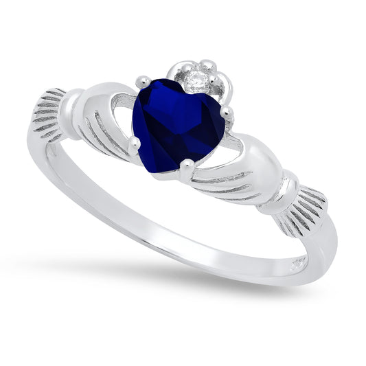 Sterling Silver Claddagh September Birthstone Blue Sapphire CZ Promise Ring Made in Italy + Cloth