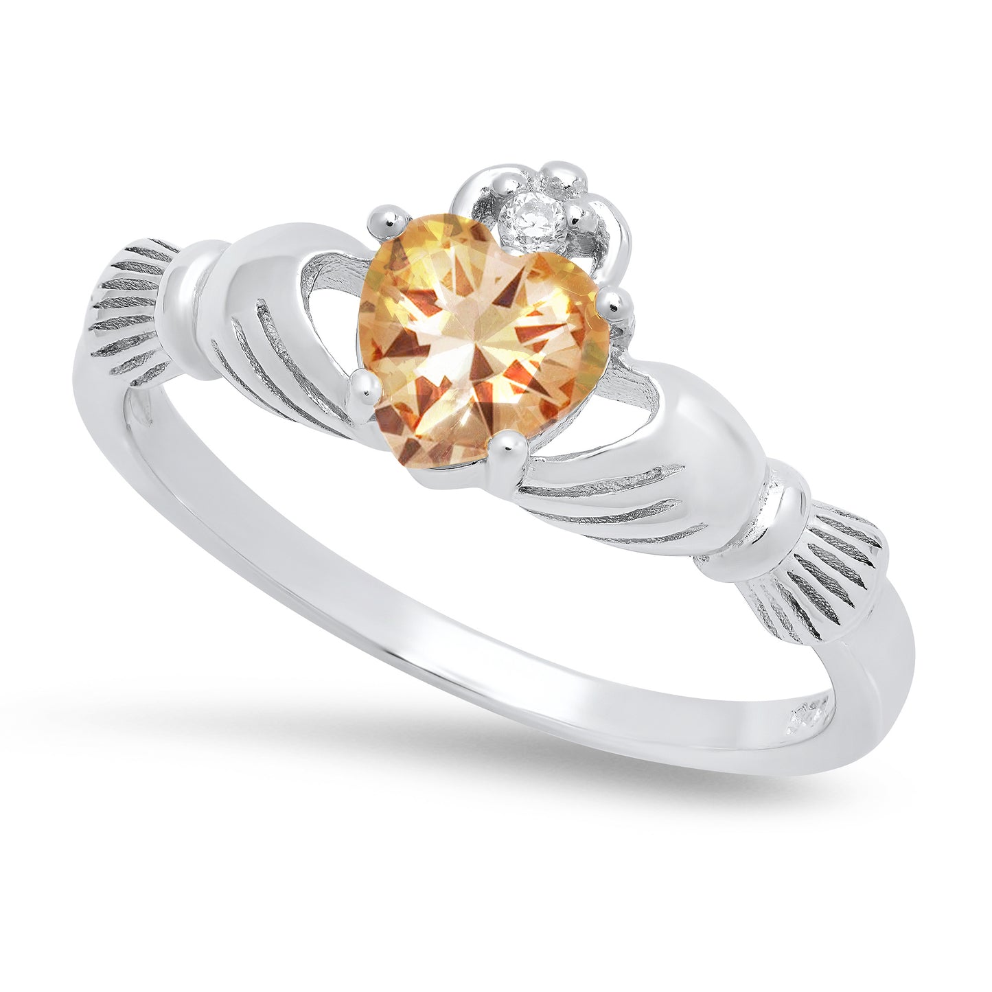Sterling Silver Claddagh November Birthstone champagne CZ Promise Ring Made in Italy + Cloth (SKU: SS-RN1060F)
