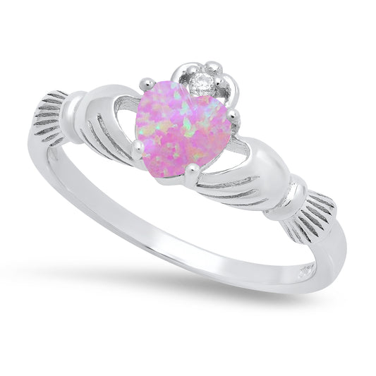 Sterling Silver Claddagh October Birthstone pink opal Promise Ring Made in Italy + Cleaning Cloth