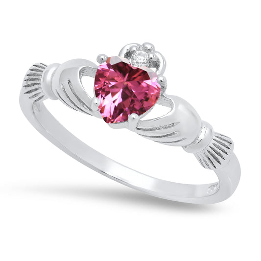 Sterling Silver Claddagh October Birthstone Rose Pink CZ Promise Ring Made in Italy + Cloth