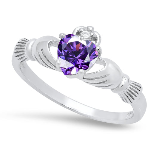 Sterling Silver Claddagh February Birthstone Amethyst CZ Promise Ring Made in Italy + Cloth