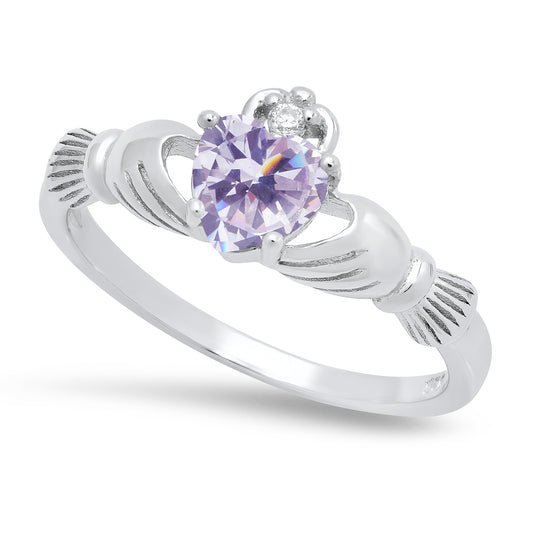 Sterling Silver Claddagh June Birthstone Lavender CZ Promise Ring Made in Italy + Cleaning Cloth