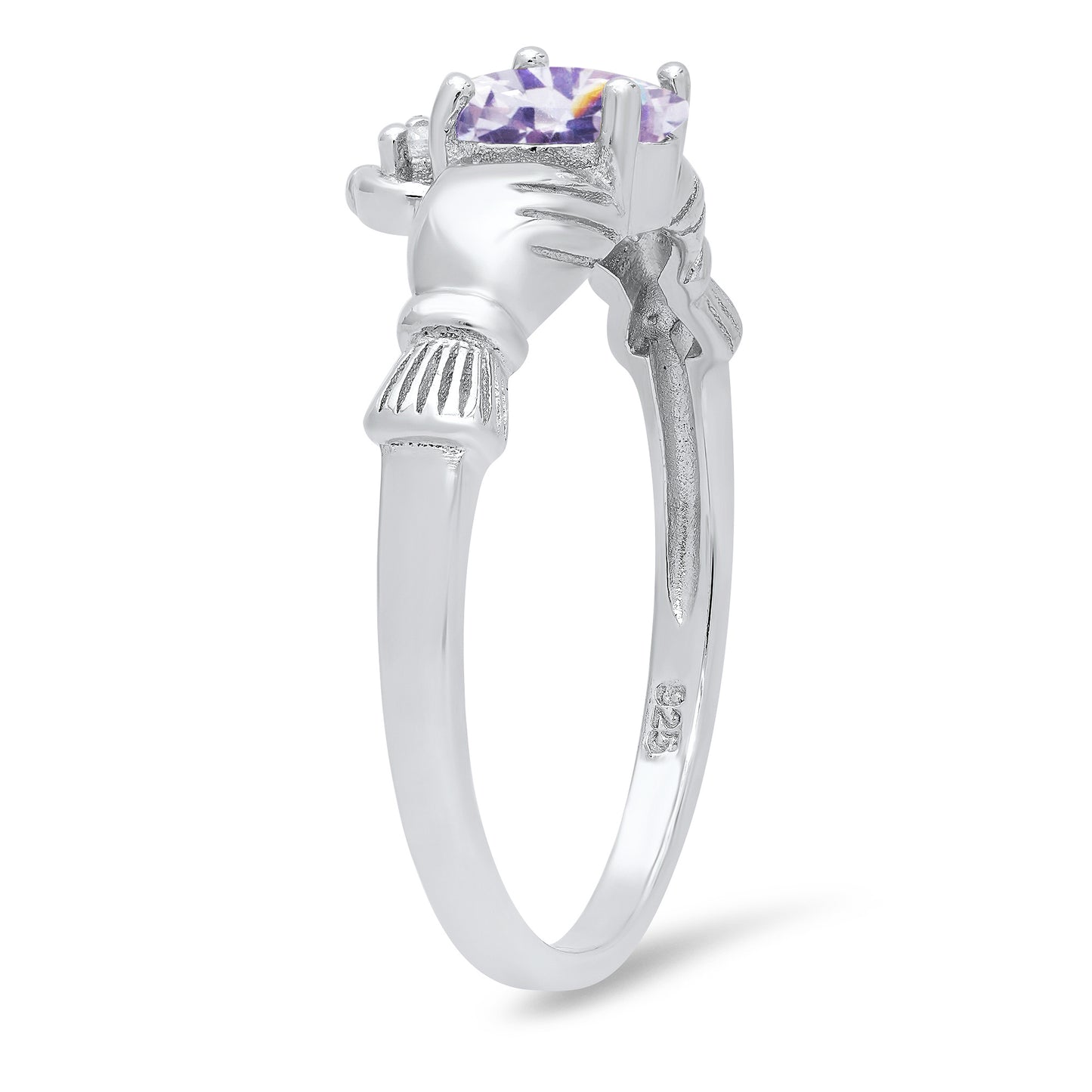 Sterling Silver Claddagh June Birthstone Lavender CZ Promise Ring Made in Italy + Cleaning Cloth