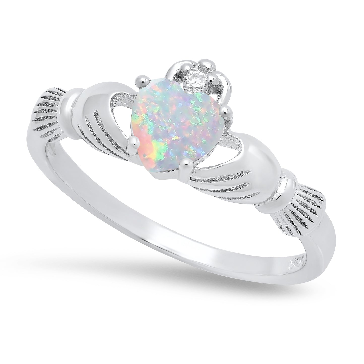 Sterling Silver Claddagh April Birthstone white opal Promise Ring Made in Italy + Cleaning Cloth