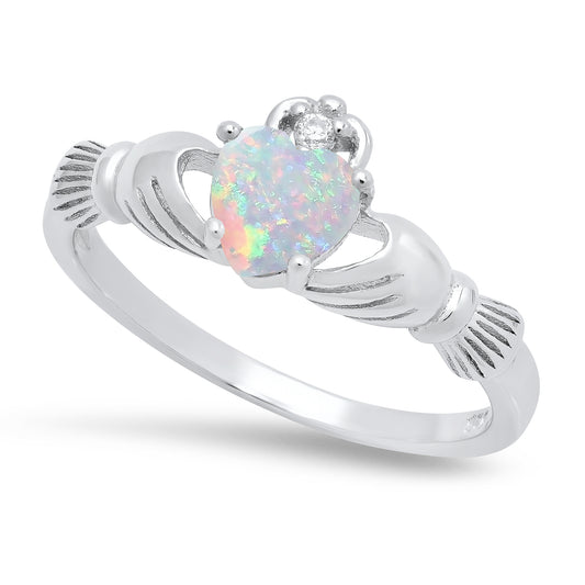 Sterling Silver Claddagh April Birthstone white opal Promise Ring Made in Italy + Cleaning Cloth