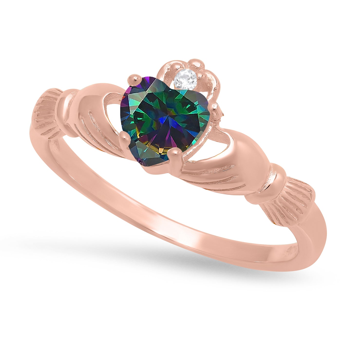 Sterling Silver Rose Gold Plated Claddagh June Birthstone Rainbow CZ Promise Ring Made in Italy