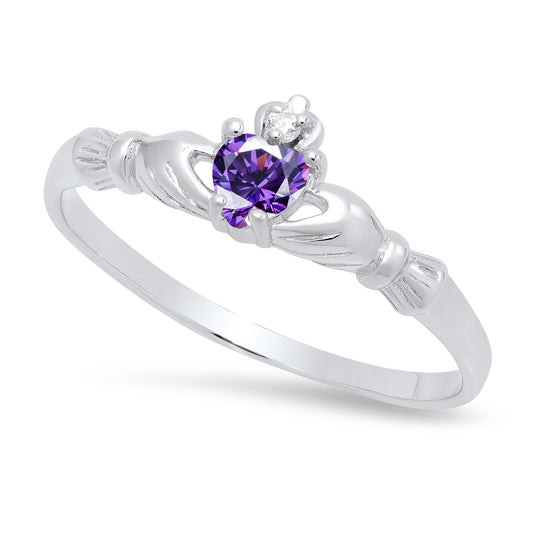 Sterling Silver Claddagh February Birthstone Amethyst CZ Promise Ring Made in Italy + Cloth