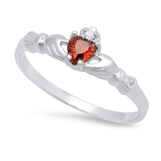 Sterling Silver Claddagh January Birthstone Garnet CZ Promise Ring Made in Italy + Cleaning Cloth