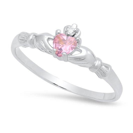 Sterling Silver Claddagh October Birthstone pink CZ Promise Ring Made in Italy + Cleaning Cloth