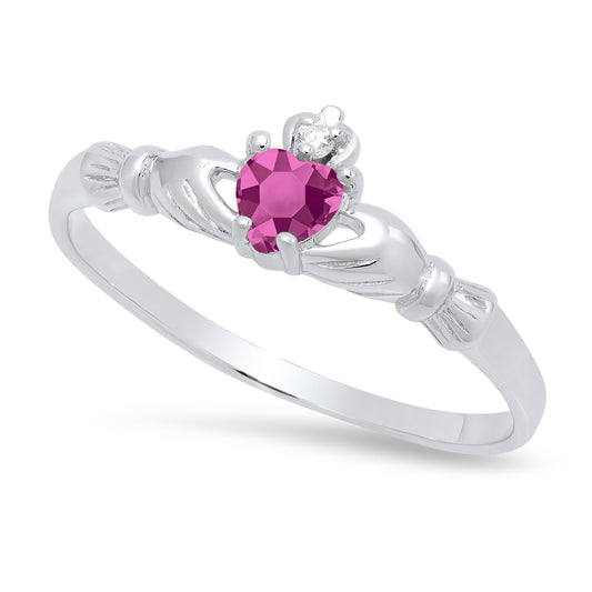 Sterling Silver Claddagh July Birthstone Rubellite CZ Promise Ring Made in Italy + Cleaning Cloth