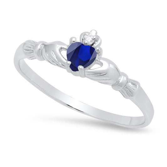 Sterling Silver Claddagh September Birthstone Blue Sapphire CZ Promise Ring Made in Italy + Cloth