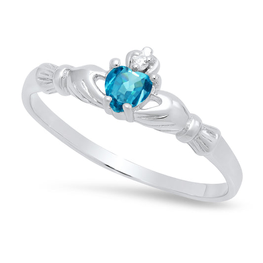 Sterling Silver Claddagh November Birthstone Blue Topaz CZ Promise Ring Made in Italy + Cloth